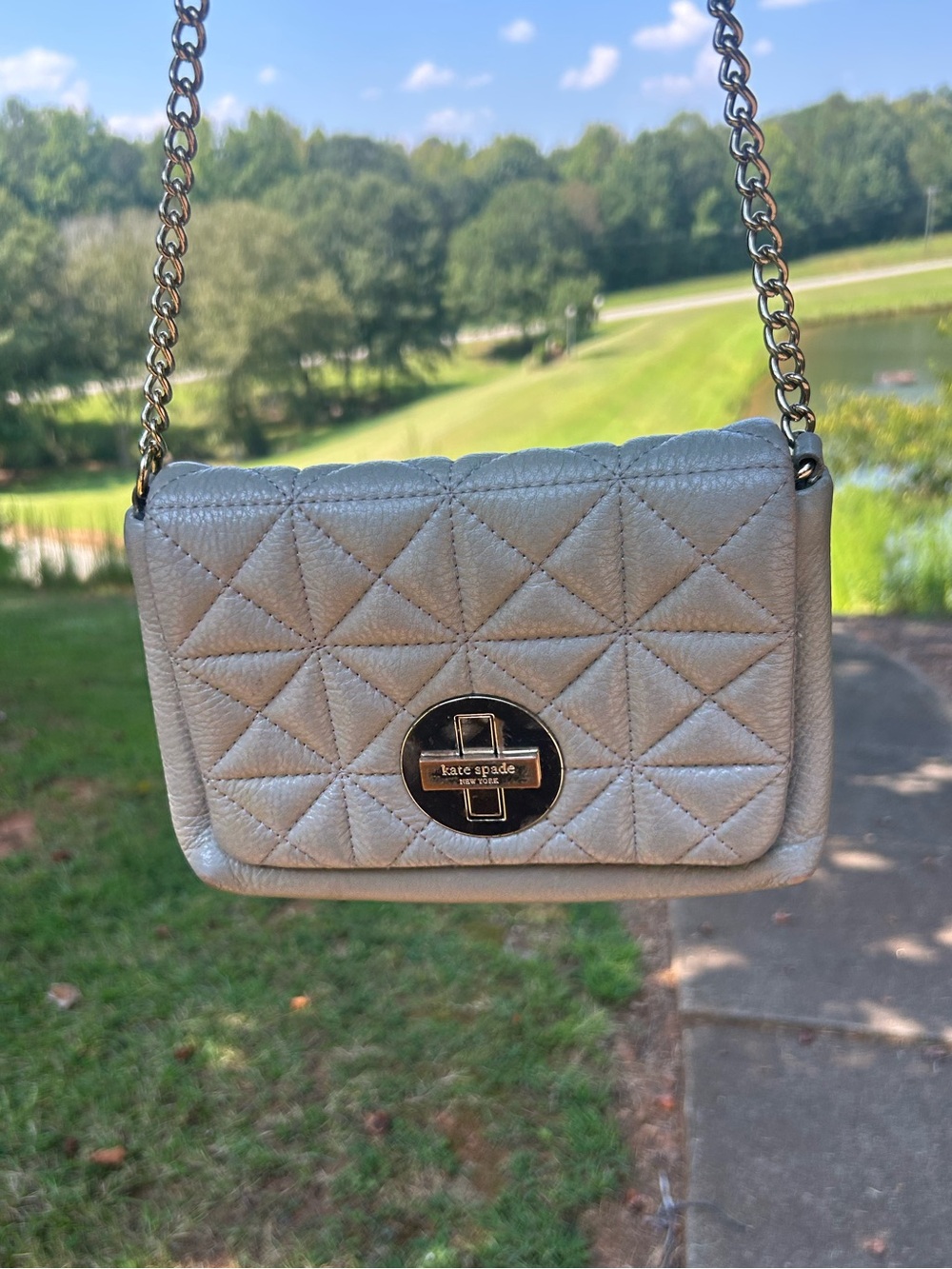 Kate Spade Natalia Quilted Leather Metallic Gray Silver Chain Crossbody Bag